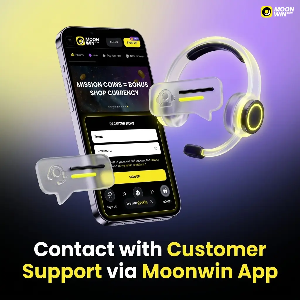 Moonwin app customer support interface showing live chat, email, and FAQ contact options for Australian players