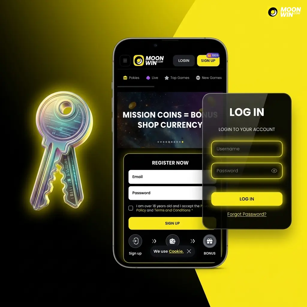 Moonwin Australia login page showing email and password fields for quick account access to balance and bonuses
