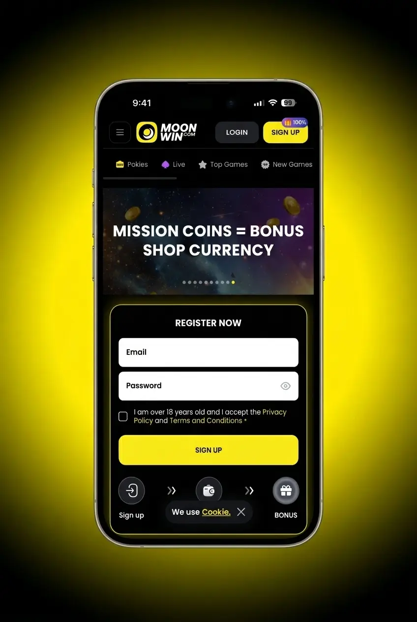 Moonwin slot lobby login screen showing the first step to access real-money slot games on desktop or mobile