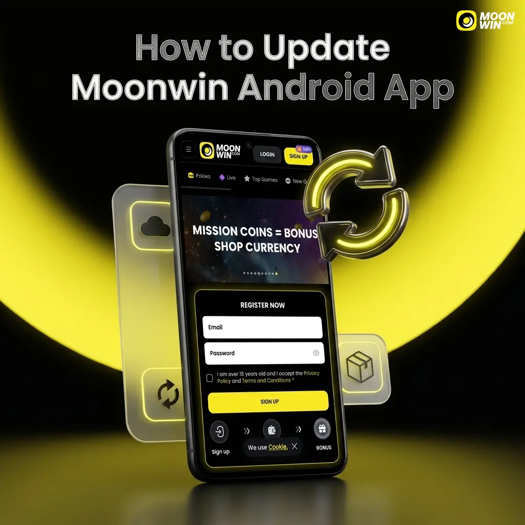 Moonwin Android app update screen showing APK download and installation steps for the latest version