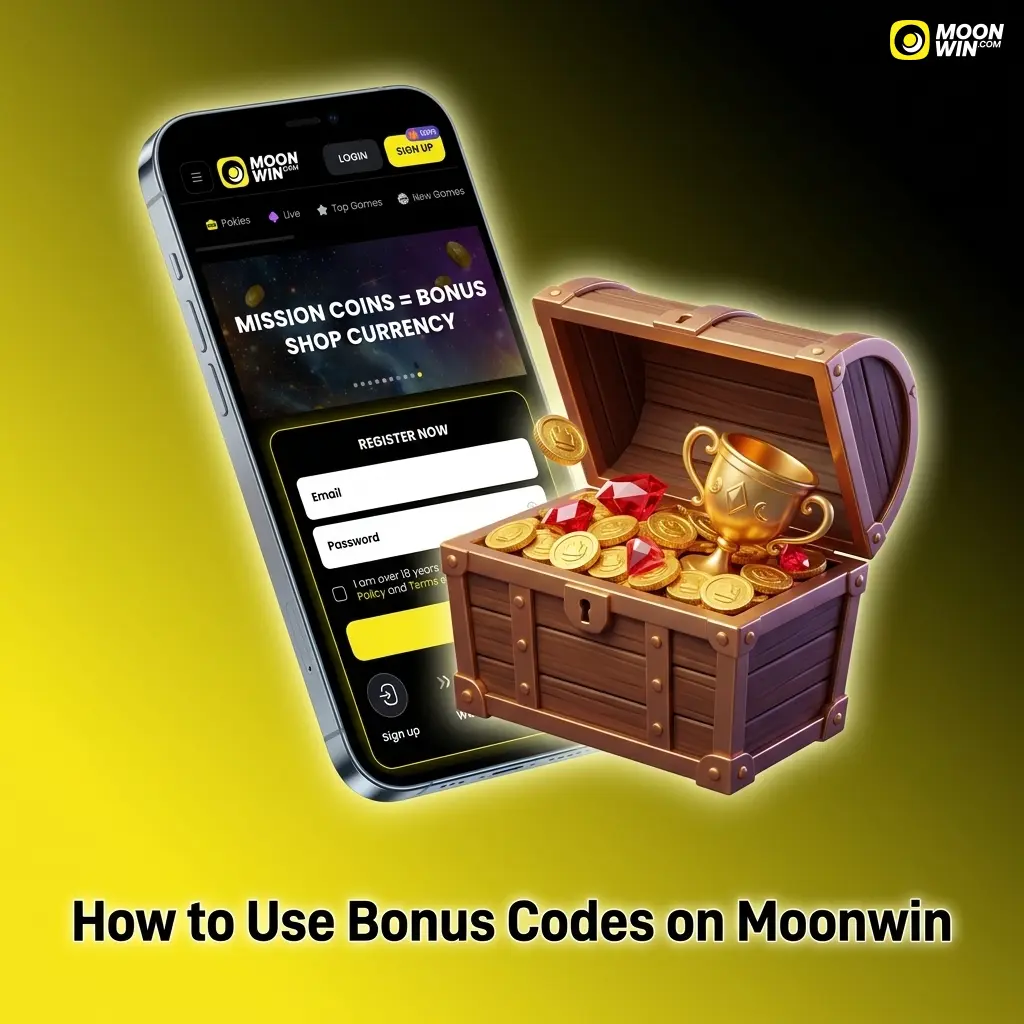 Step-by-step guide showing how to enter a Moonwin bonus code at the cashier deposit section to claim a promotion
