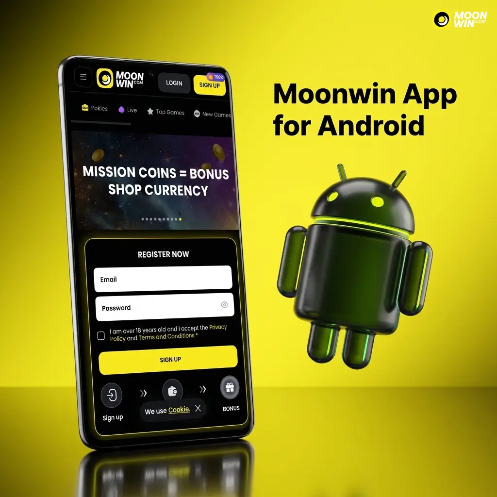 Moonwin Android app APK download page showing device requirements and compatible models like Samsung Galaxy and Google Pixel