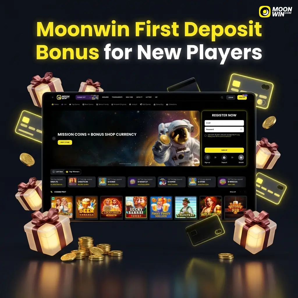 Moonwin first deposit bonus tiers for Australian players showing 100% up to AUD 375 and 125% up to AUD 7,500