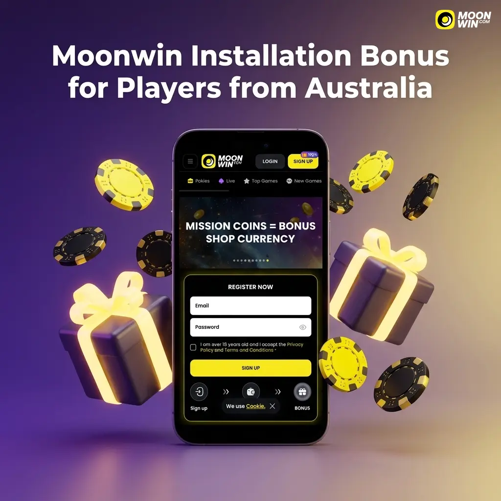 Moonwin welcome bonus table showing 100% first deposit match up to 375 AUD and 125% second deposit up to 7500 AUD