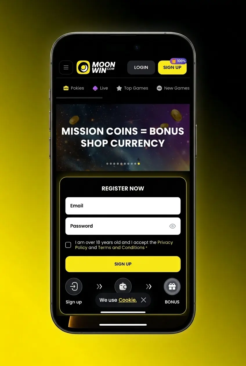 Moonwin sign up instructions showing 5 steps to register an account on the platform for Australian players
