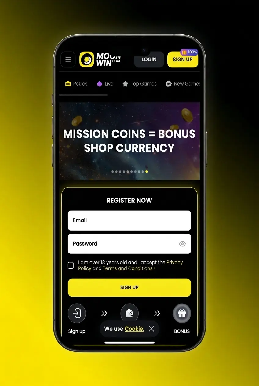 Step-by-step Moonwin sign up instructions for Australian players showing 5 registration steps to create an account
