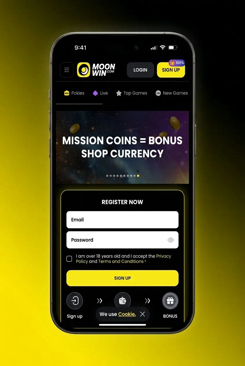 Moonwin sign up steps guide showing 5-step registration process for Australian players including email and phone options