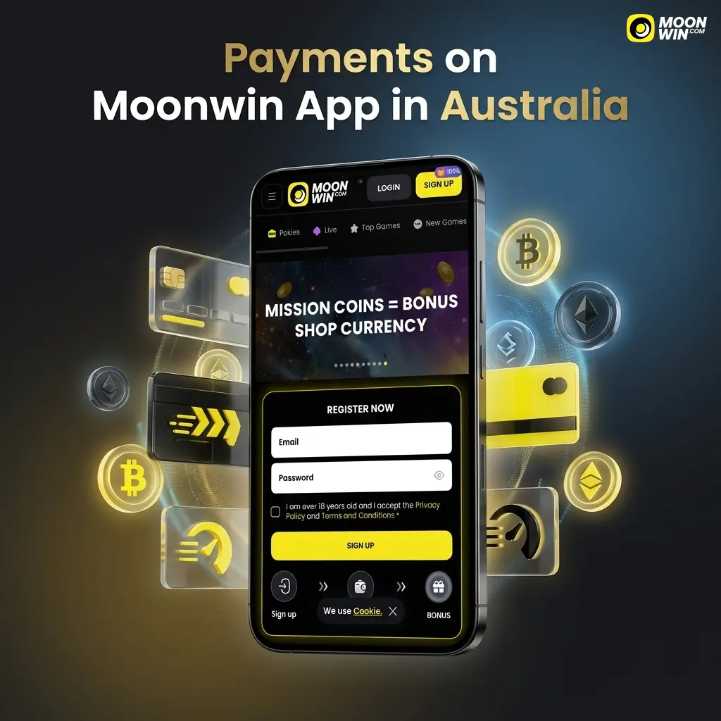 Moonwin app payment options in Australia including Visa, Mastercard, crypto, and e-wallets for fast deposits and withdrawals